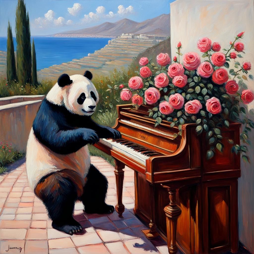 Panda's Rose Sonata: An Oil Painting Love Story