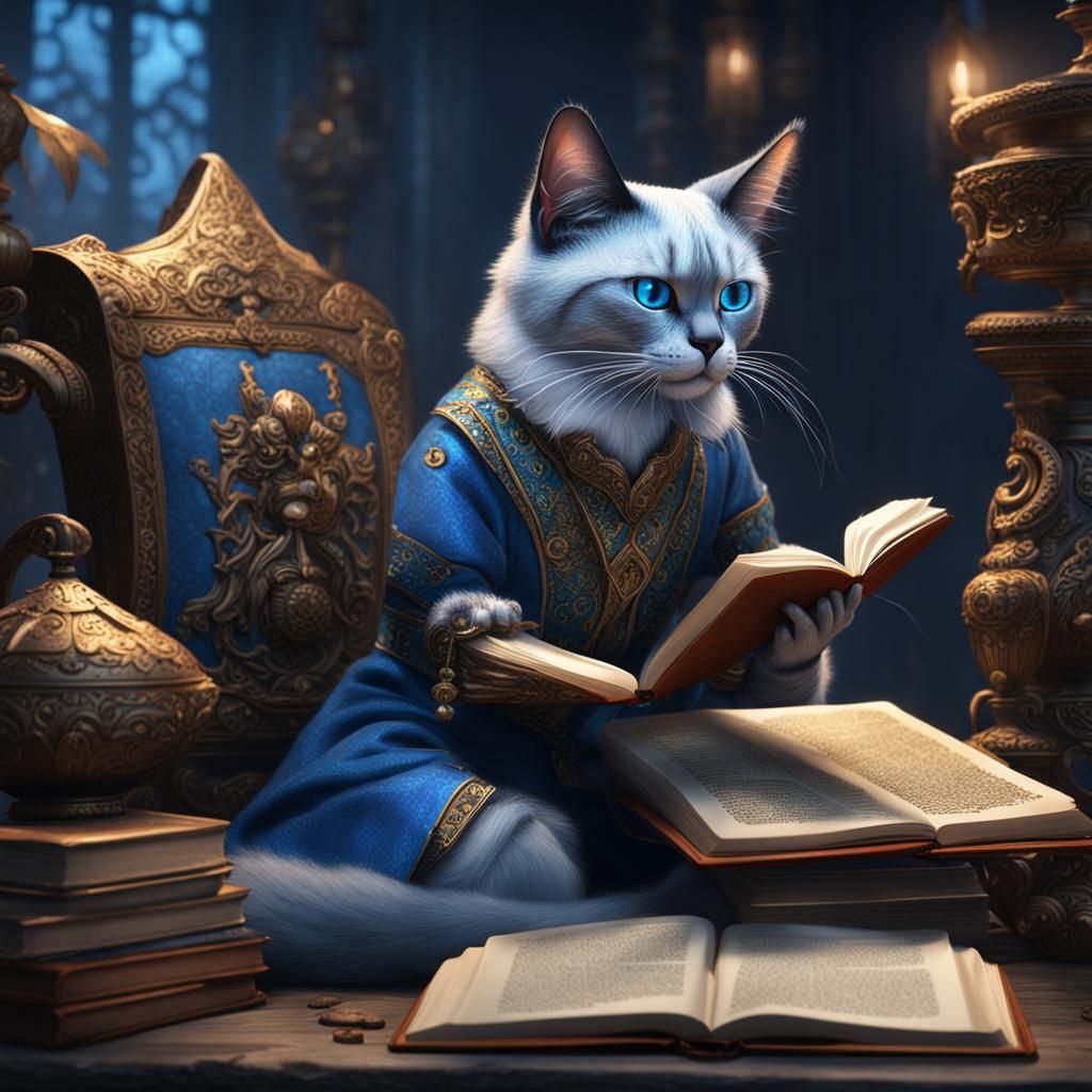 Blue Point Balinese Cat Reads a Book