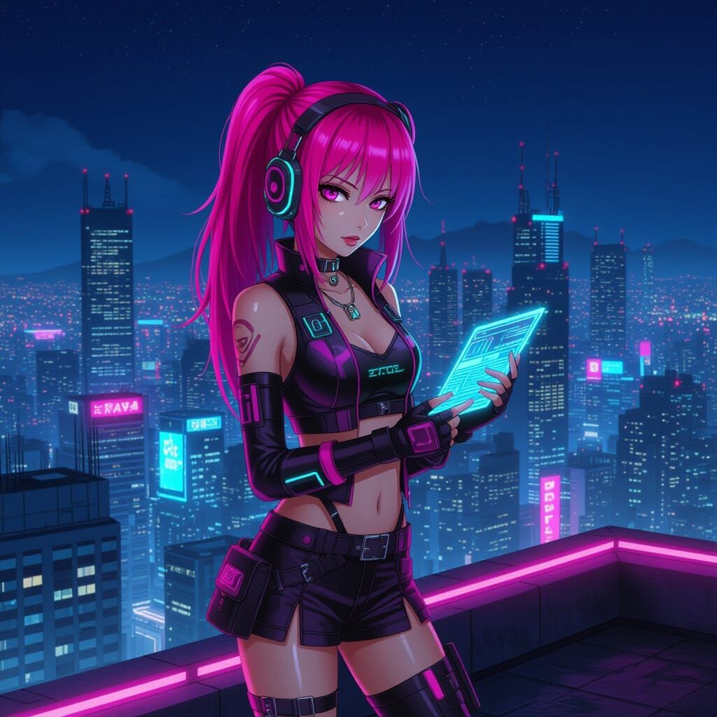Gyaru Girl on Neon Rooftop Overlooking Cyberpunk City