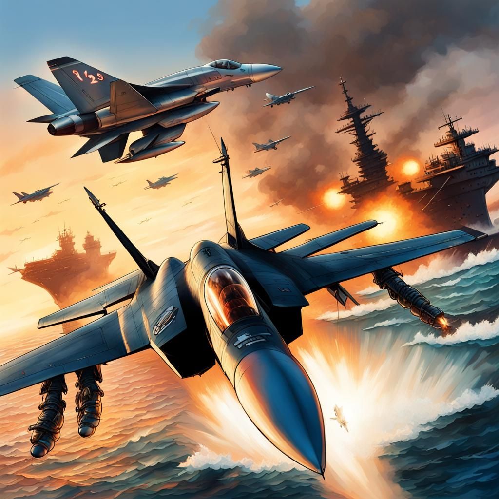 Epic Fighter Jet Dogfight at Sunset: Hyperrealistic Art
