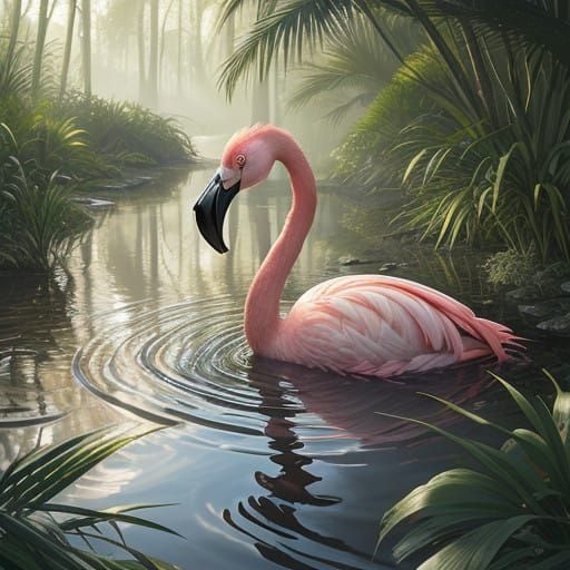 Serenely Standing Pink Flamingo in Vibrant Wetland Landscape