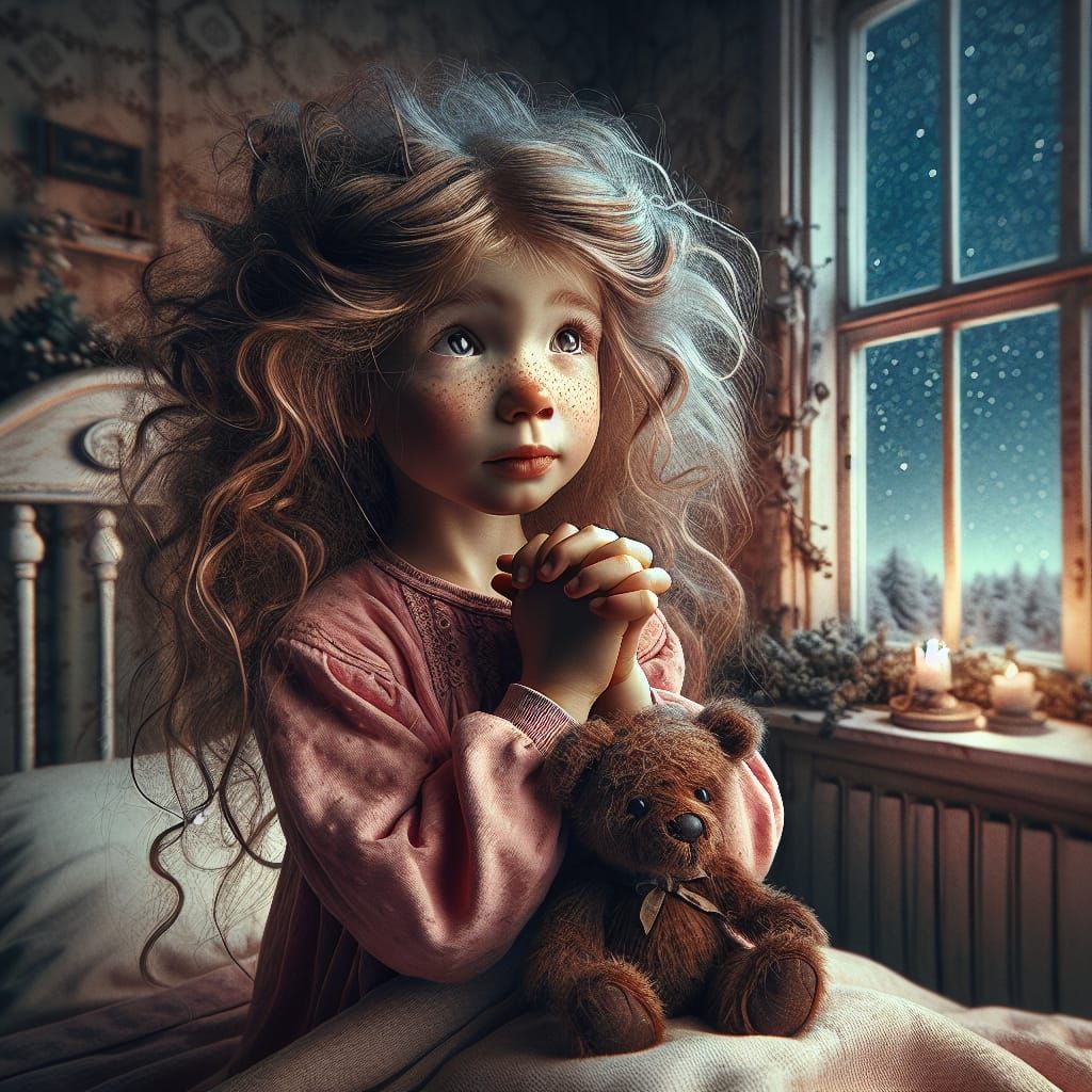 Girl and Teddy Bear Praying at Bedtime