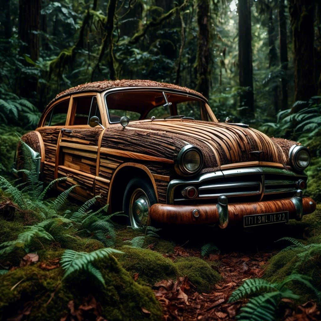 Hyperrealistic Photo of Car Made of Wood
