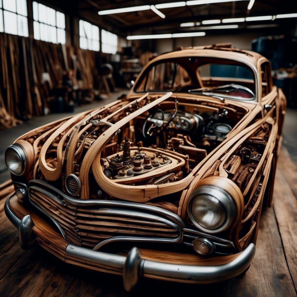 Hyperrealistic Wooden Car Mixed-Media Photography
