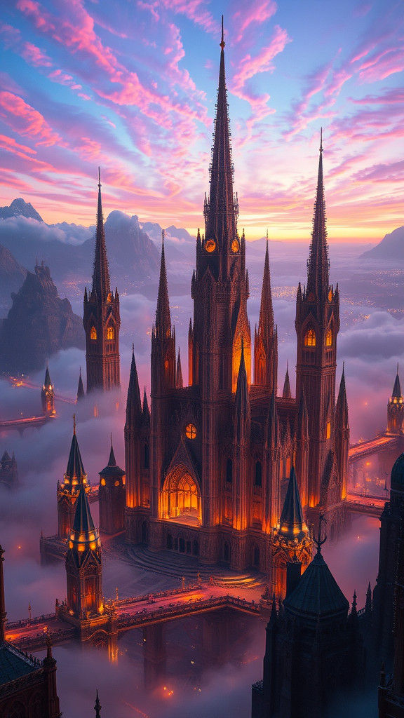 Surreal Cityscape with Iridescent Sky