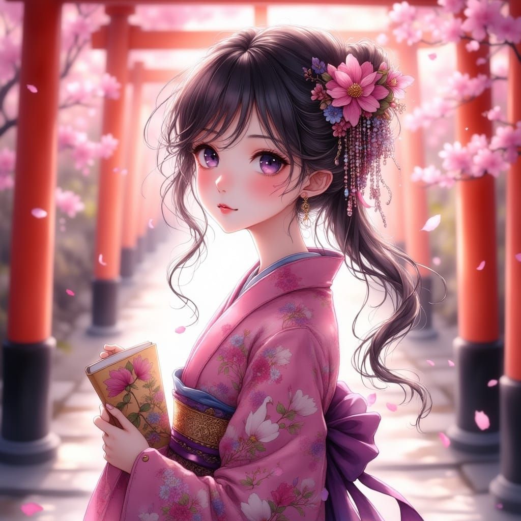 Anime Girl in Silk Kimono Near Shrine