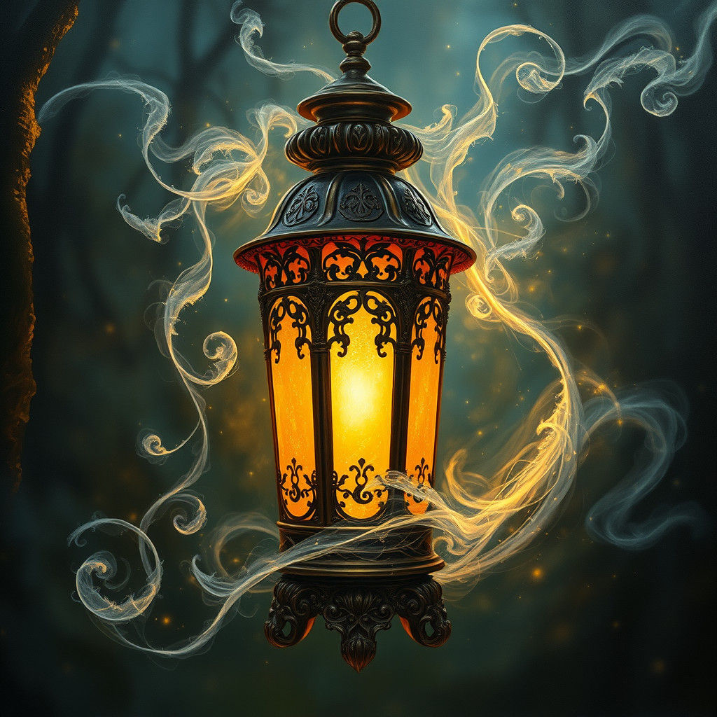 Enchanted Lantern Radiating Golden Light in Dark Fantasy