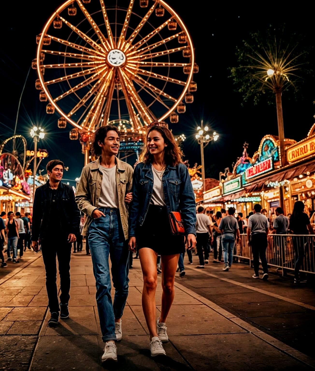 Couple Walking Through Amusement Park at Night