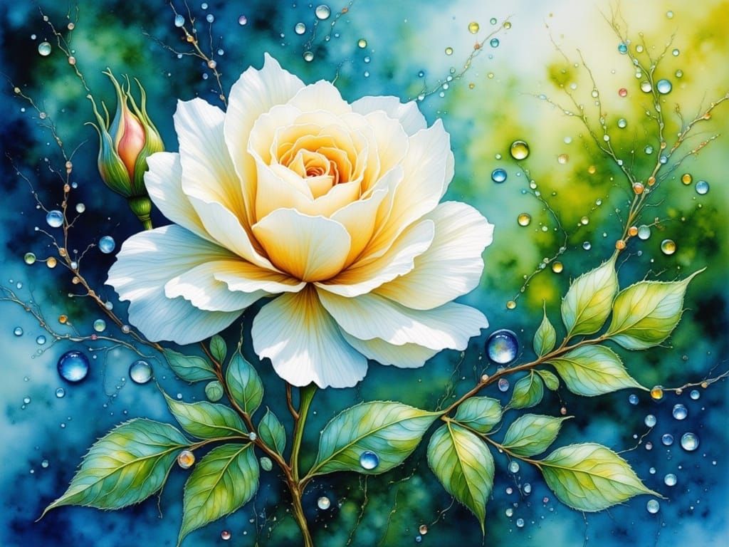 Exquisite White Rose With Dew Drops in Sunlight