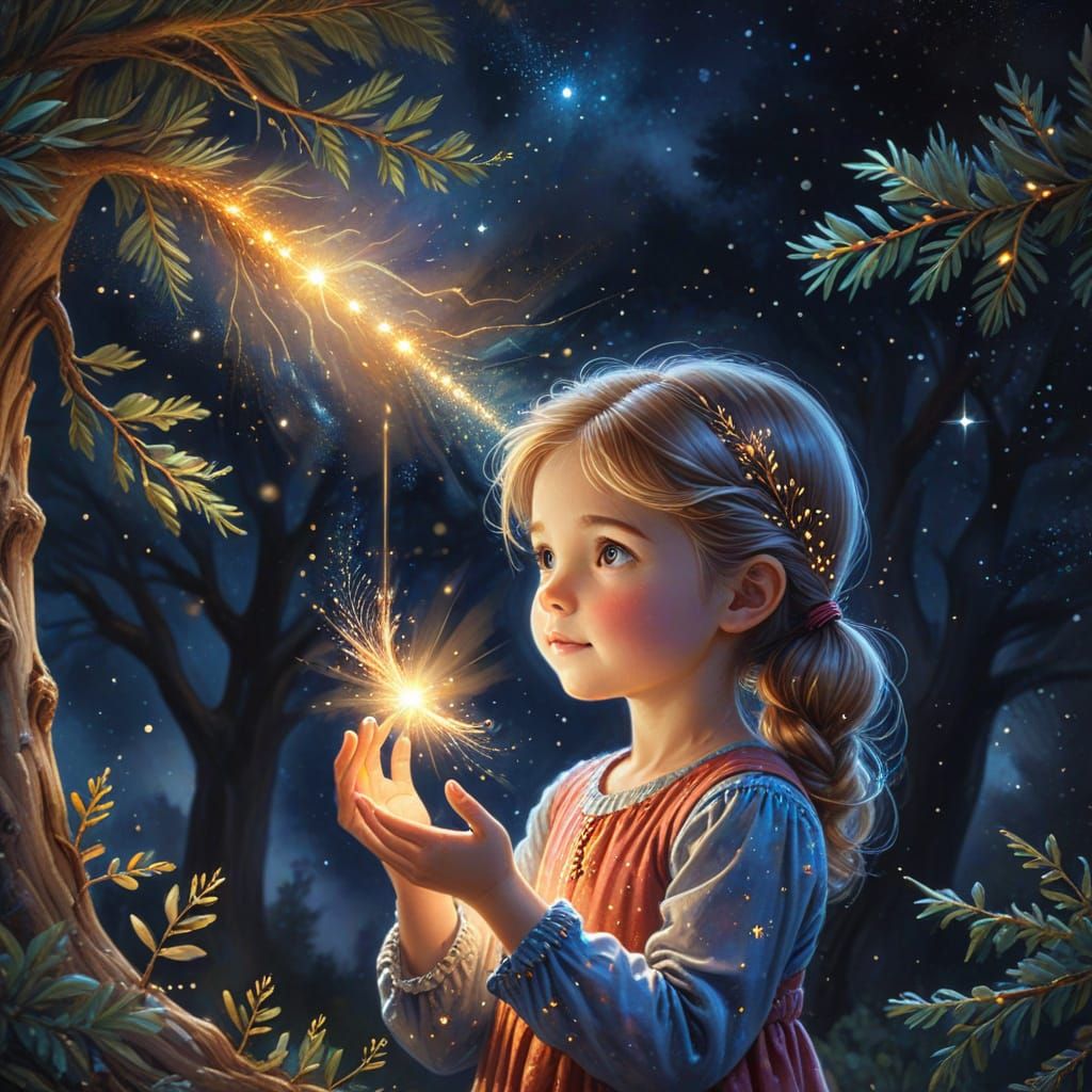 Girl Holding Comet: Whimsical Watercolor Fantasy Art
