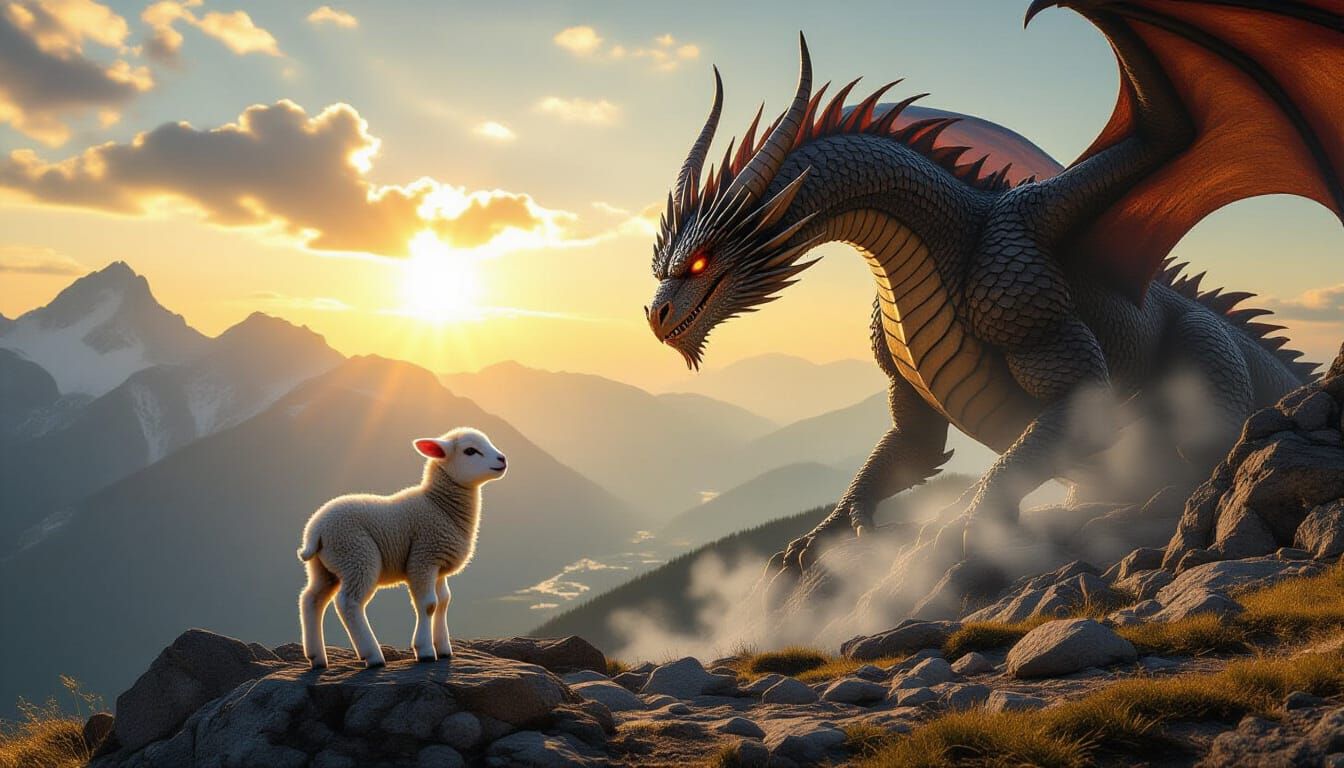 Lamb and Dragon on Mountain Peak at Sunrise