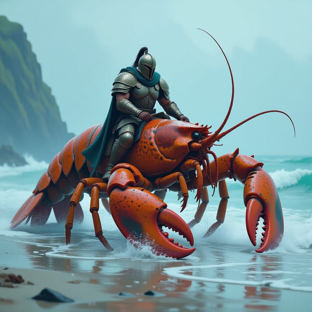 Warrior Rides Giant Lobster in Whimsical Digital Art