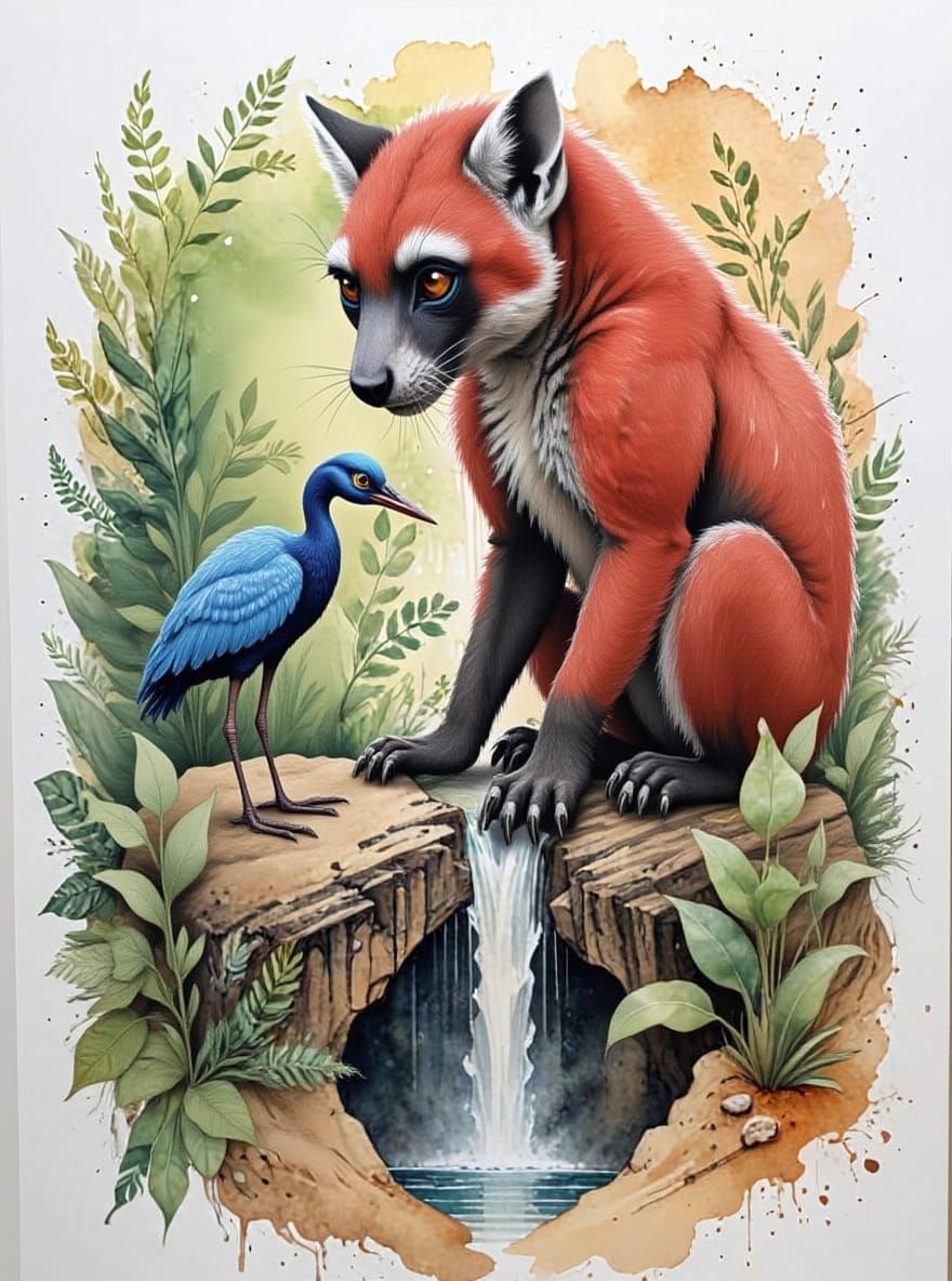 Baboon and Crane: Unlikely Friends in Sketch and Watercolour