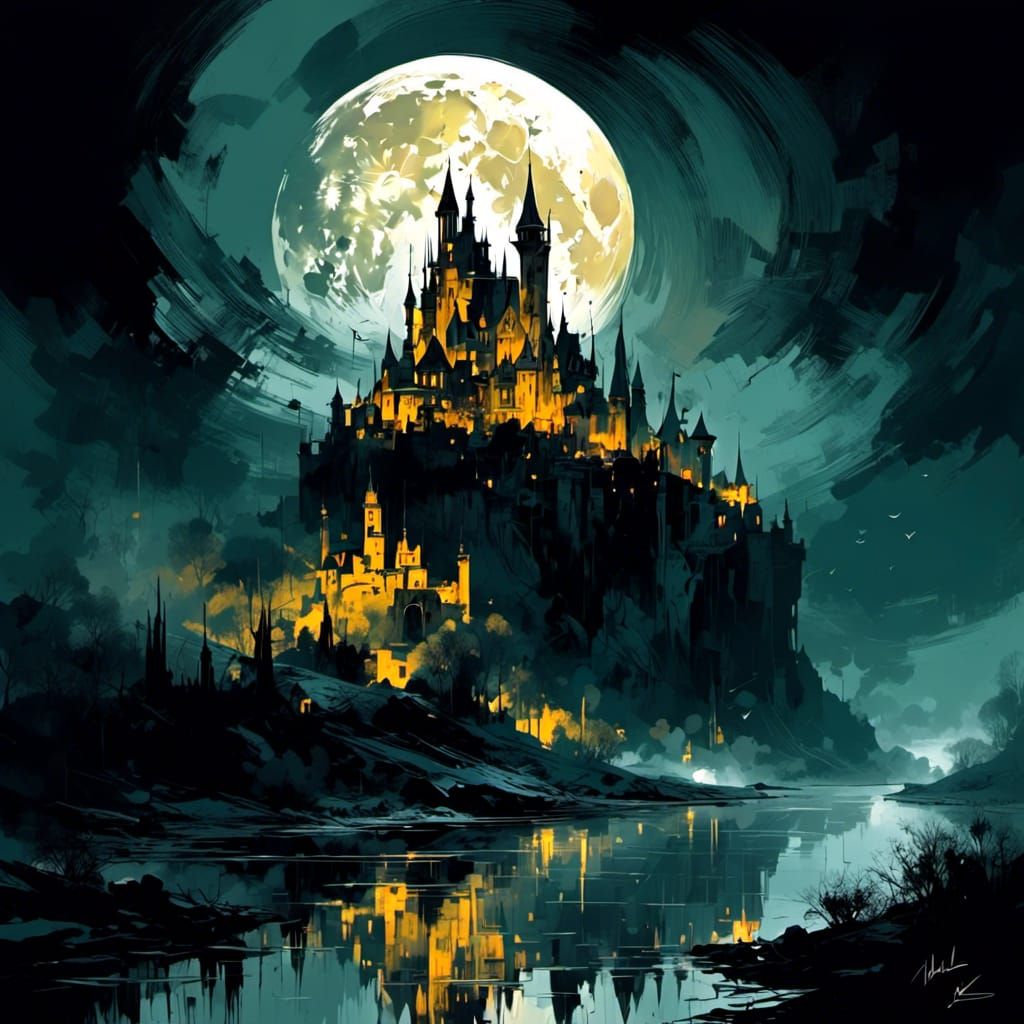 Eerie Moonlit Castle over Misty River