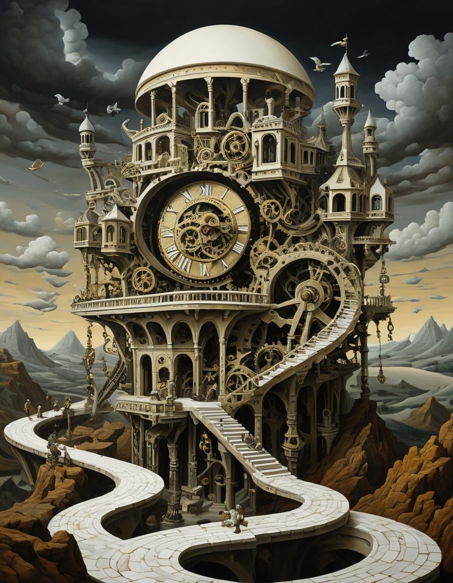 Surreal Escher-esque Structure with Time Symbolism