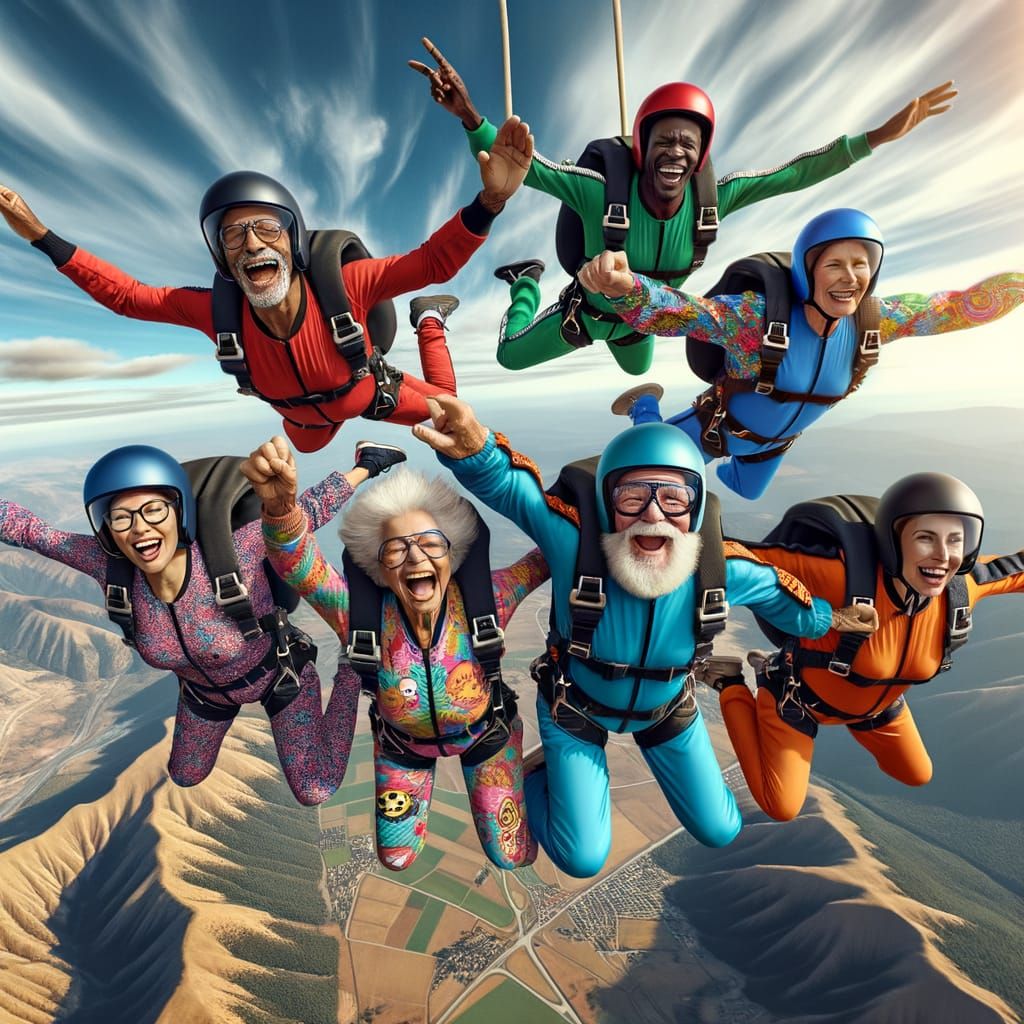 Fearless Seniors Skydiving Adventure in Vibrant Colors