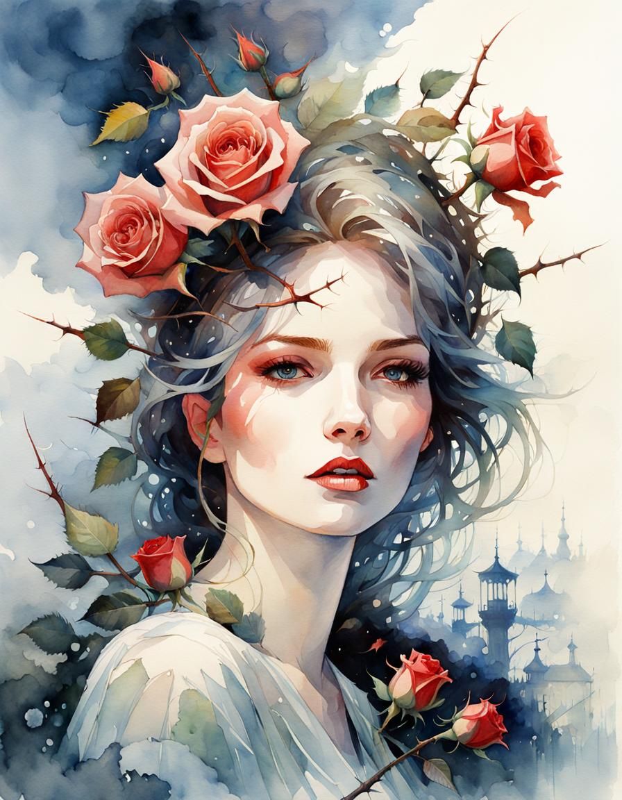 Watercolor Rose with Thorns in Double Exposure
