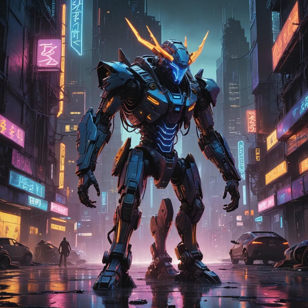 A Lone Digimon Stands Strong in a Gritty Cyberspunk Cityscap...