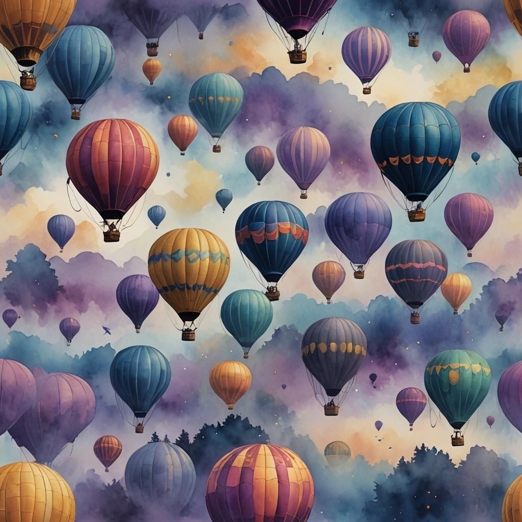 Ethereal Fantasy: Colorful Hot Air Balloons in Gouache