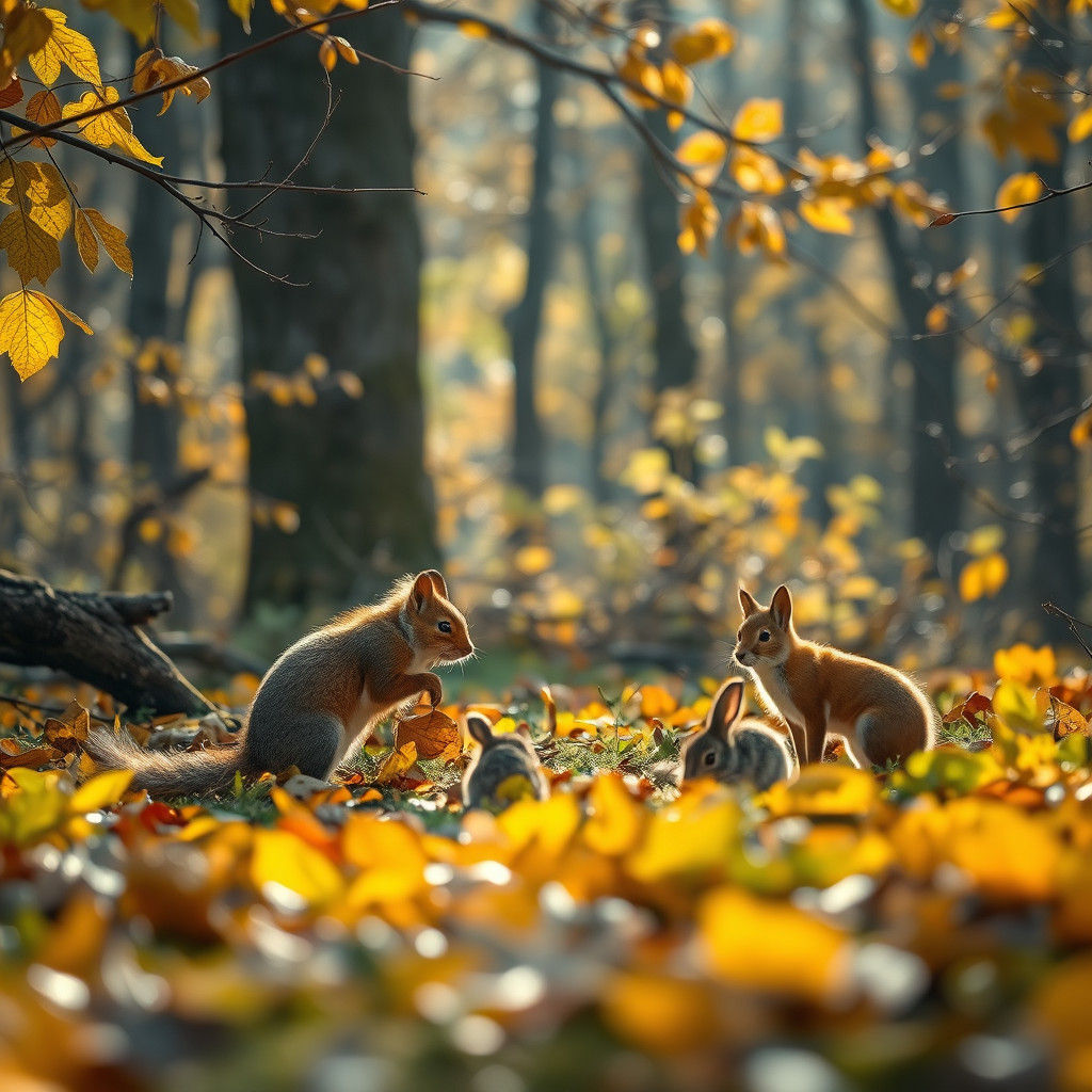 Autumnal Forest Clearing with Animals in Sunlight