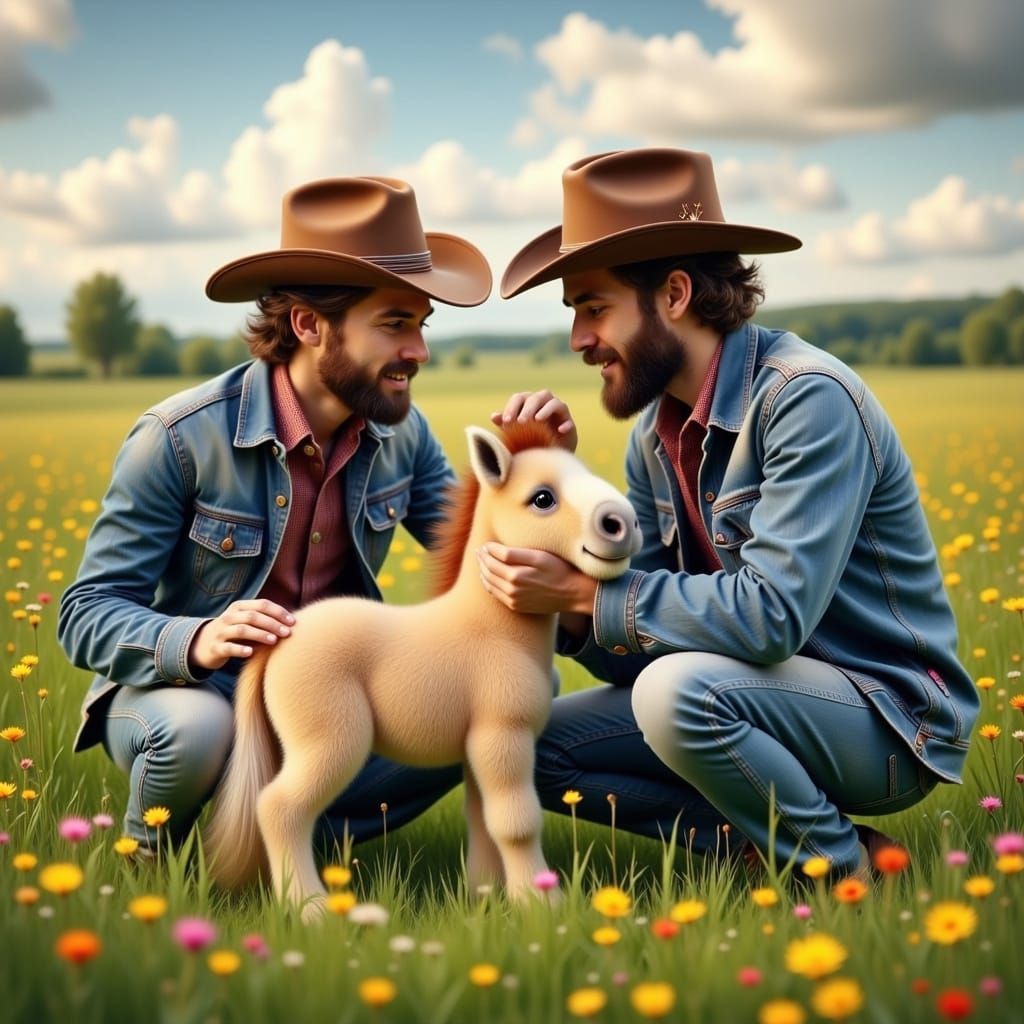Handsome Gay Cowboy Couple Adore Adorable Miniature Horse in...