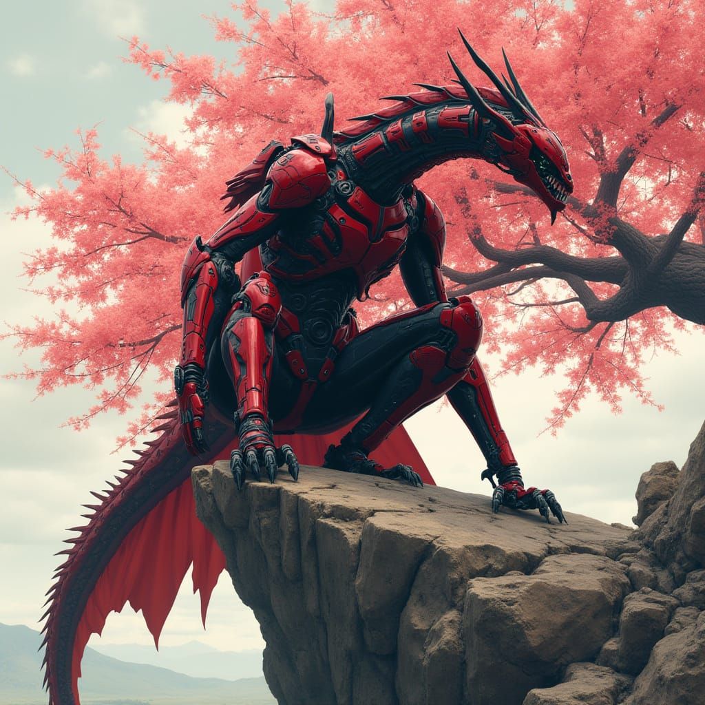 Robotic Dragon Assassin with Cherry Blossoms