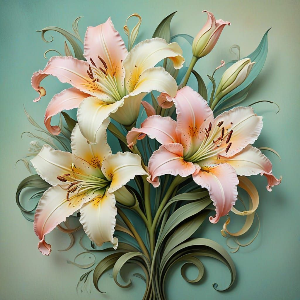 Dadaist Lilies in Pastel Airbrush Art Nouveau Style