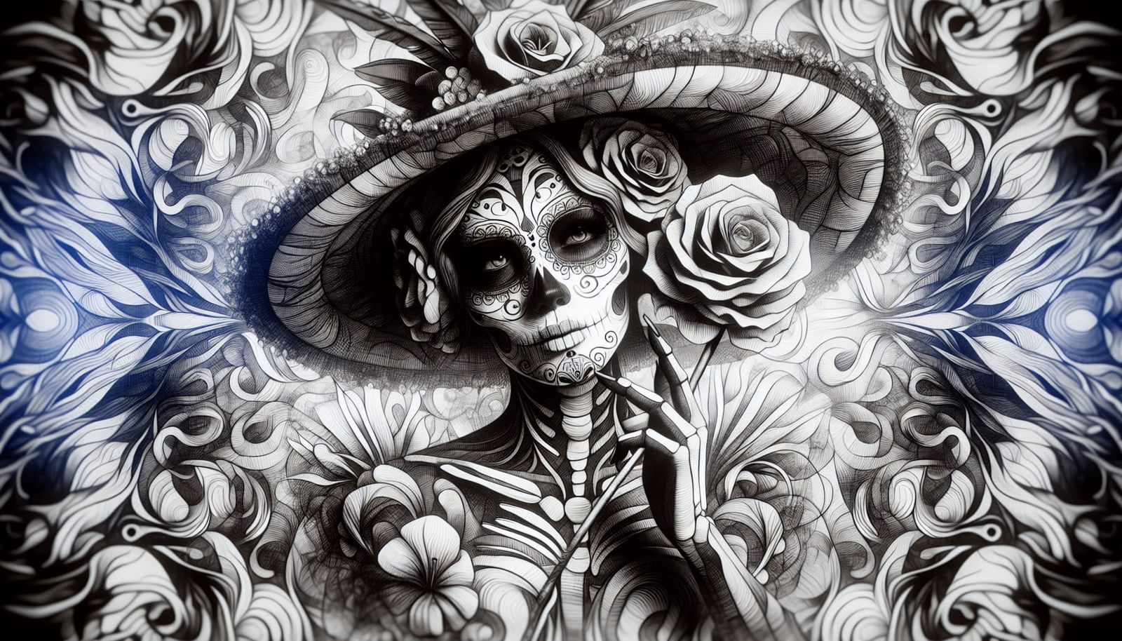 Detailed Ink Drawing of La Catrina in Romantic Style