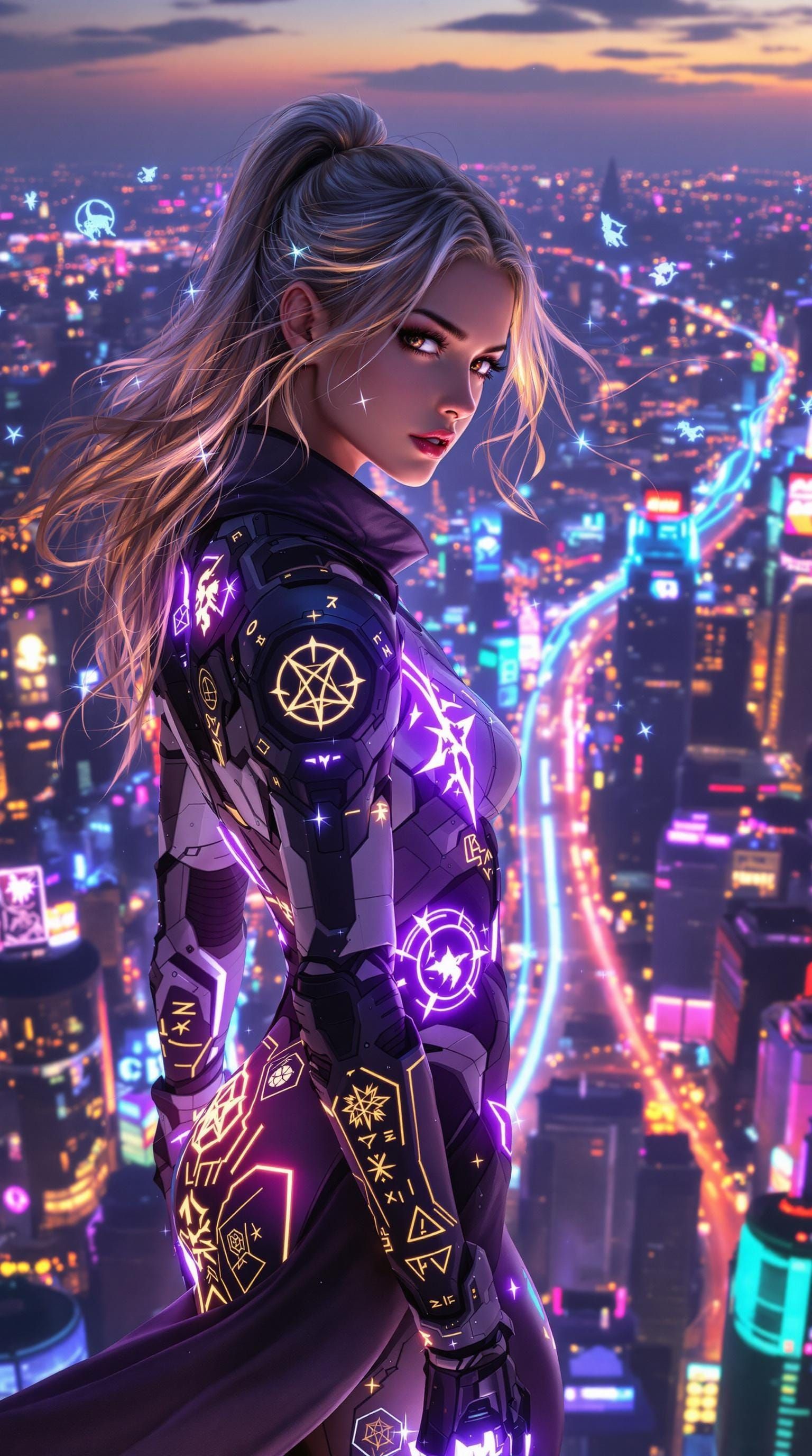Cyberpunk Woman on Skyscraper at Twilight