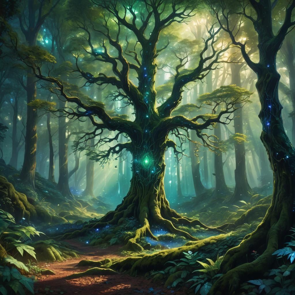 Mystical Glowing Tree in Lush Fantasy Forest