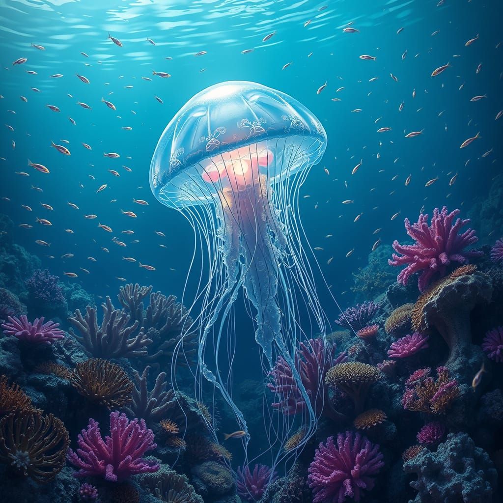 Bioluminescent Jellyfish in Coral Reef, Hyperrealistic Paint...