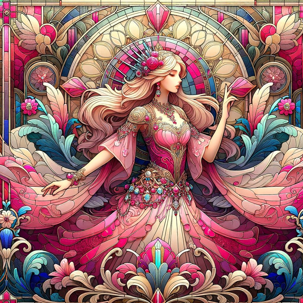 Ethereal Art Deco Princess in Vibrant Stained Glass
