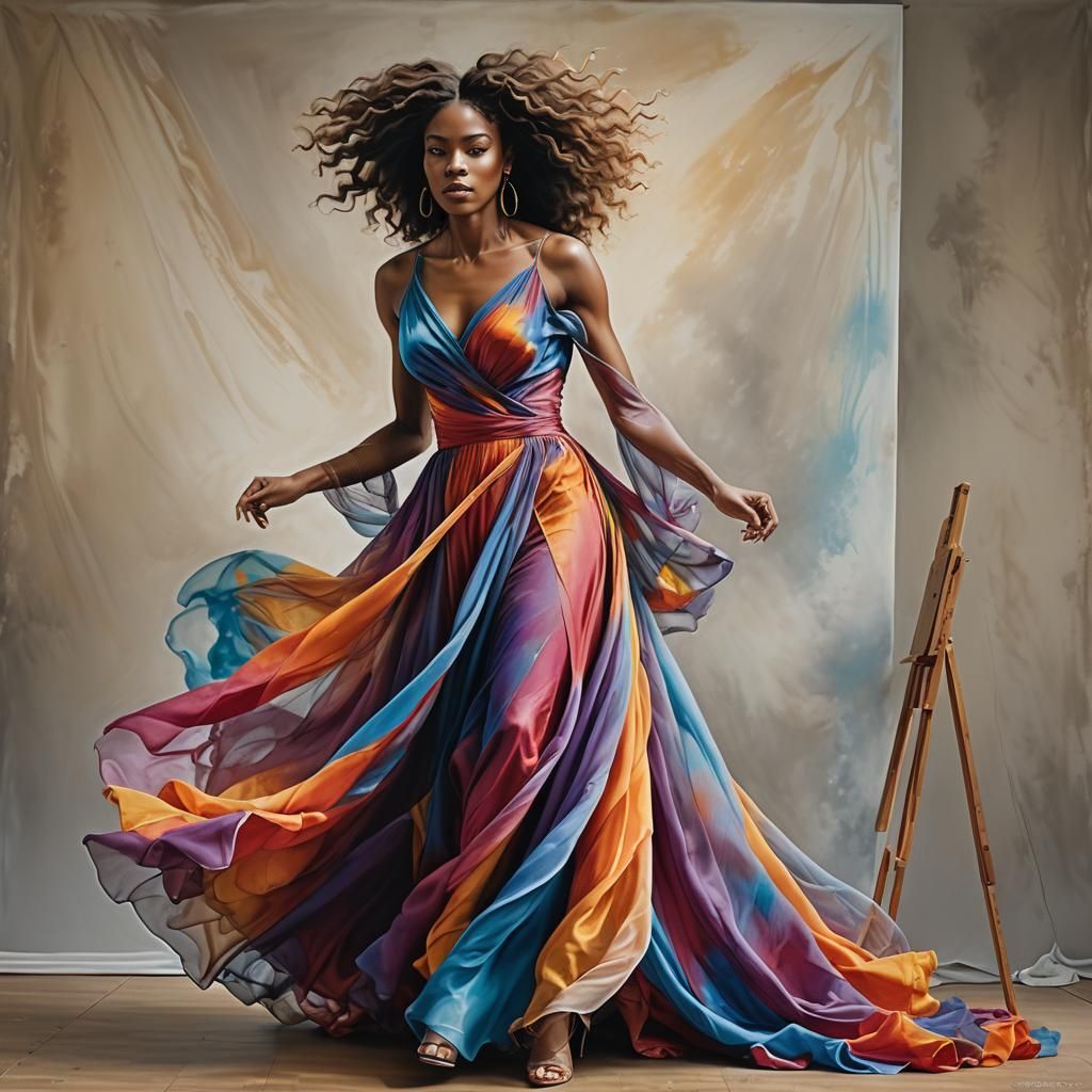 Ethereal Airbrush Painting: Woman in Rainbow Dress