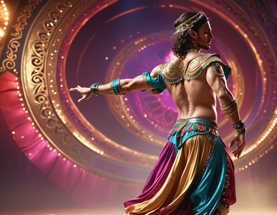 Dynamic Male Belly Dancer in Hyperrealistic Digital Art
