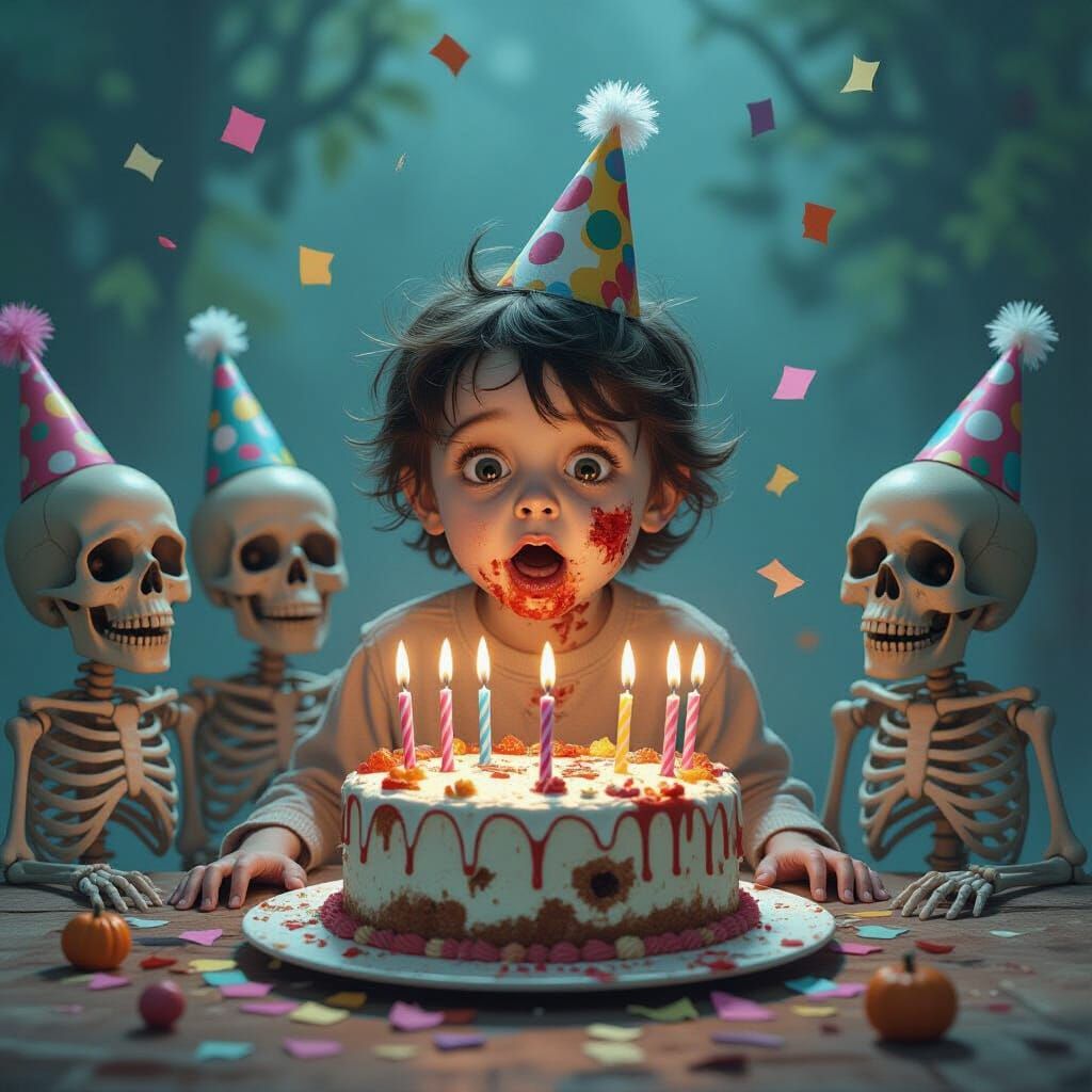 Zombie Child's Spooky Birthday Party with Skeleton Friends