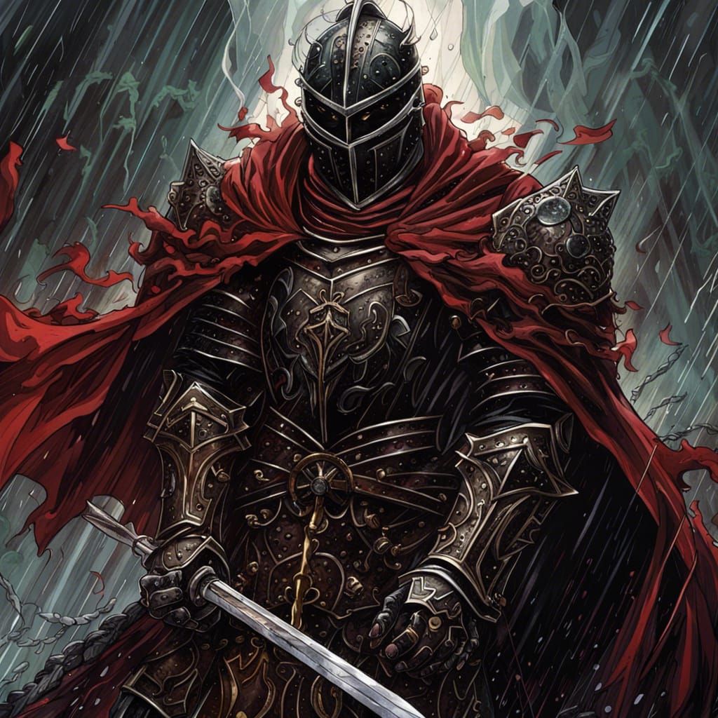 Unholy Paladin in Gilded Armor Under Rain