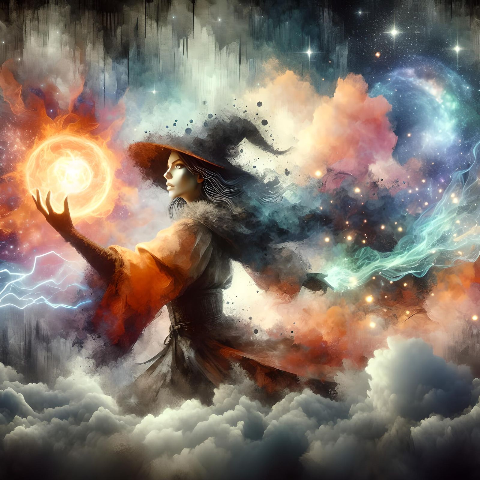 Mysterious Sorceress Casting Fireball in Watercolor Style