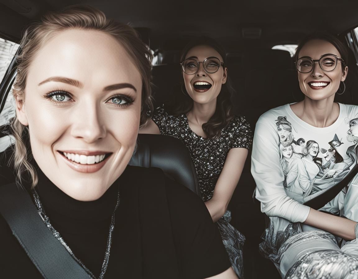Three Playful Girls in Car, Comic Book Style