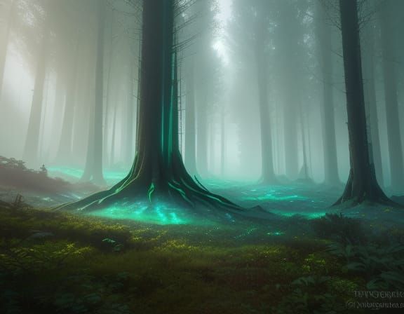 Dreamlike Crystal Formation in Ancient, Vibrant Forest