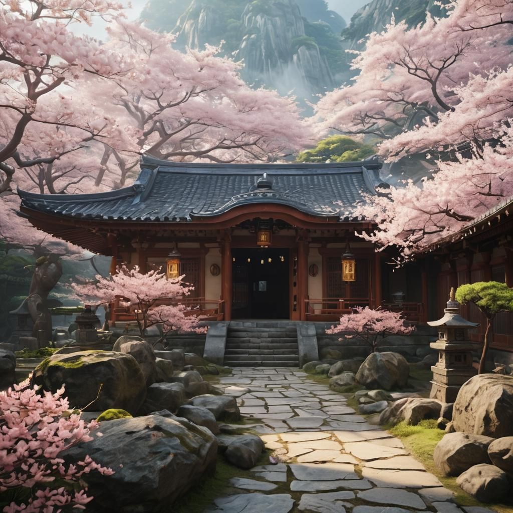 Japanese Temple in Misty Mountains with Cherry Blossoms