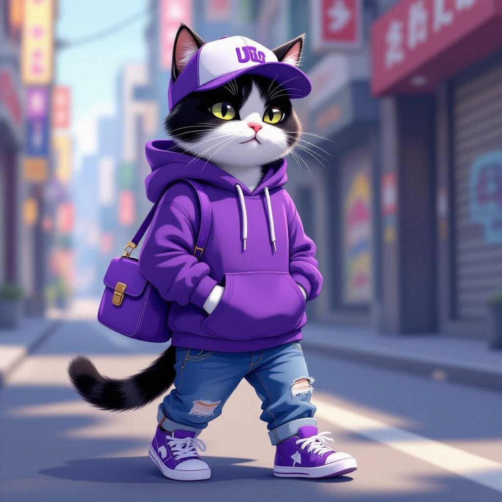 Cat in Purple Hoodie and Sneakers, Detailed Digital Art