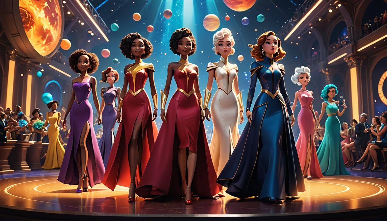 Cosmic Award Show with Elegant Ladies: 3D Digital Art