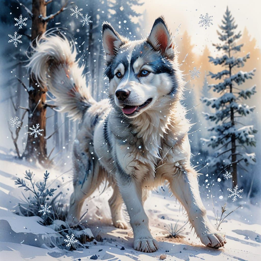 Husky Puppy in Winter Wonderland: Hyperrealistic Watercolour