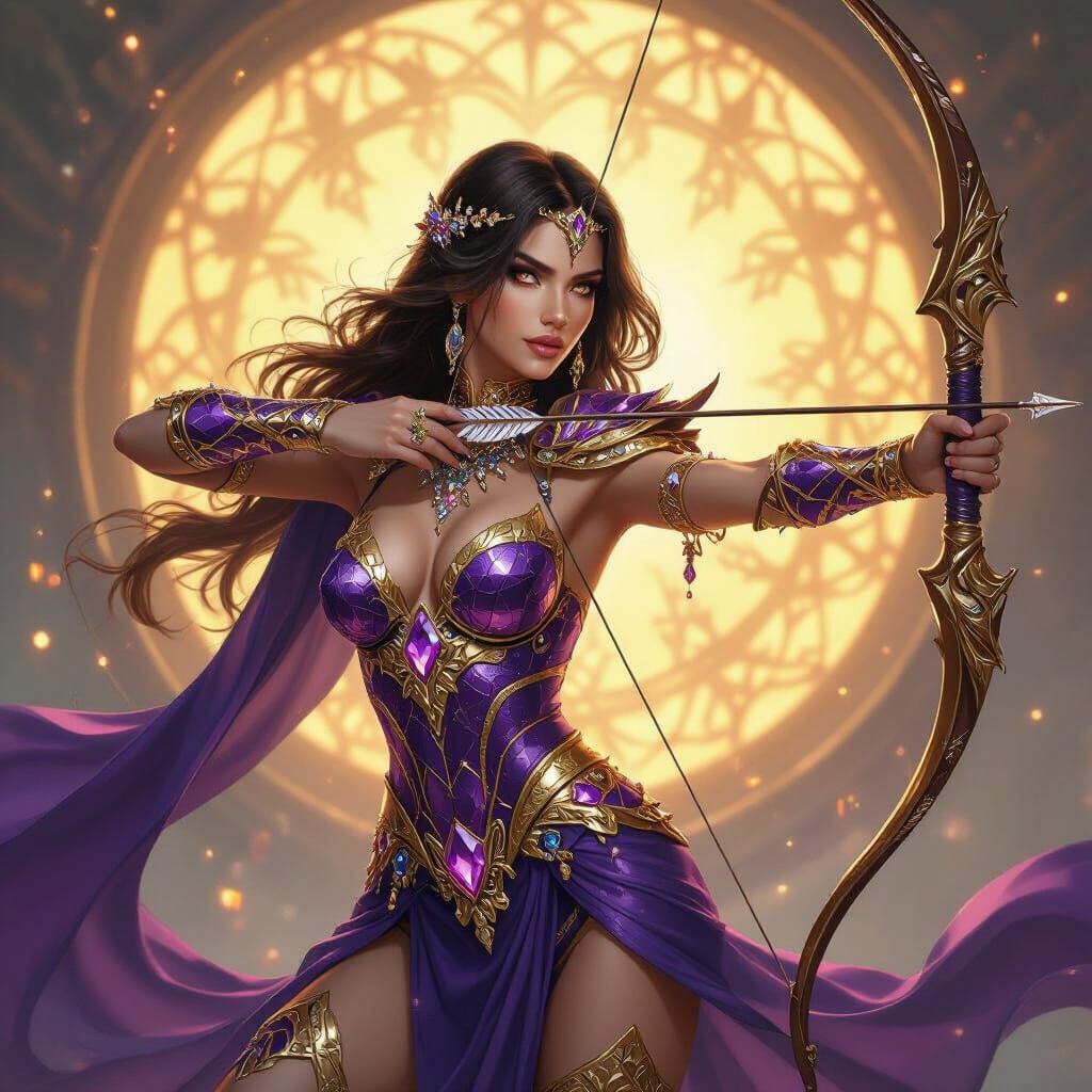 Sagittarius Woman in Crystal Attire with Golden Bow