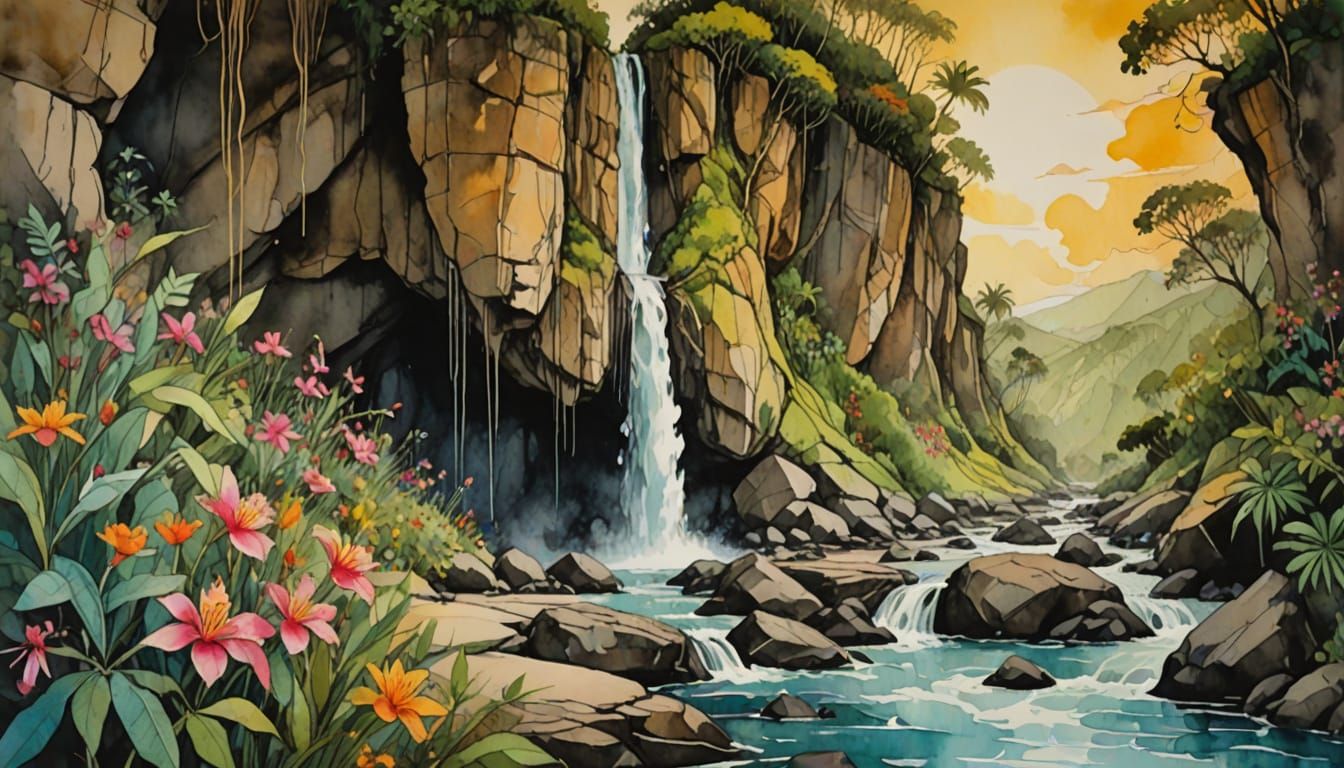 Hawaiian Waterfall Whimsy in Golden Light