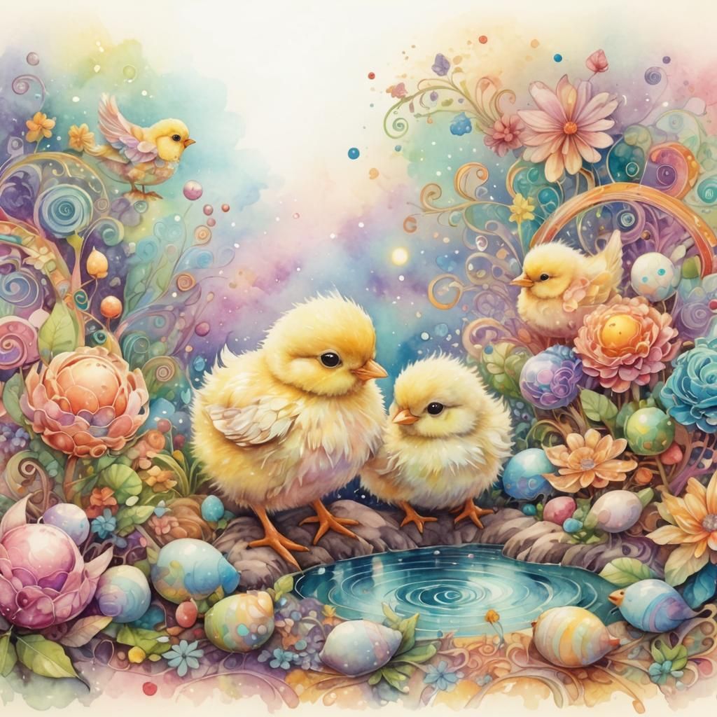 Whimsical Watercolor of Adorable Chicks in Dreamland