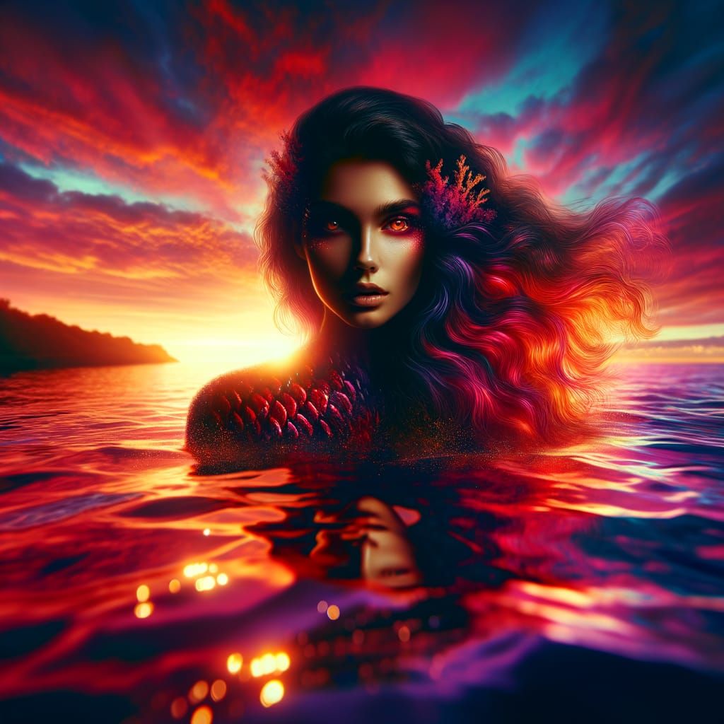 Red and Black Mermaid Emerges at Sunset
