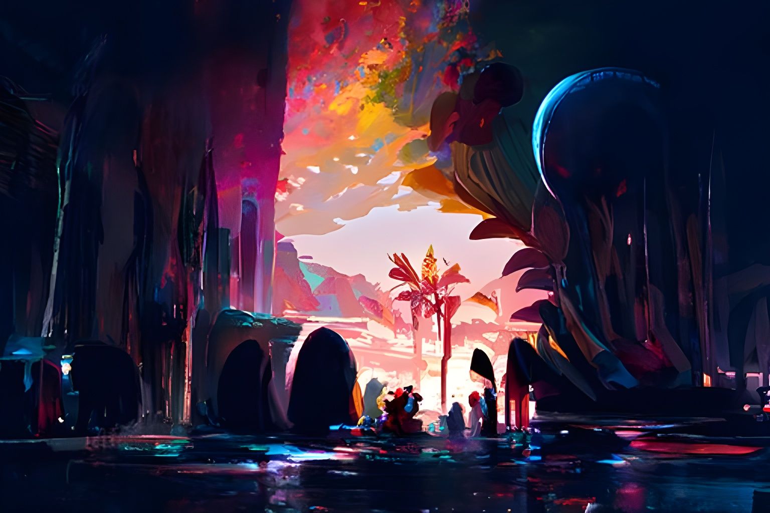 Vivid Cinematic Oasis in Acrylic Paint Style