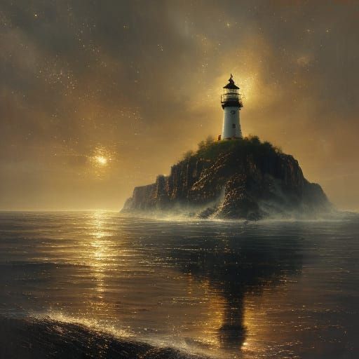Lighthouse on Rocky Coast in Atmospheric Oil Painting