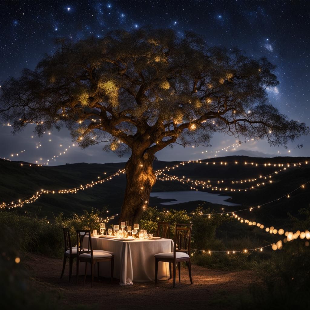 Romantic Fairy Light Tree Under Starry Night